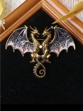 Gold Tone Double Dragon Wings Enamel Brooch - Women's Jewelry